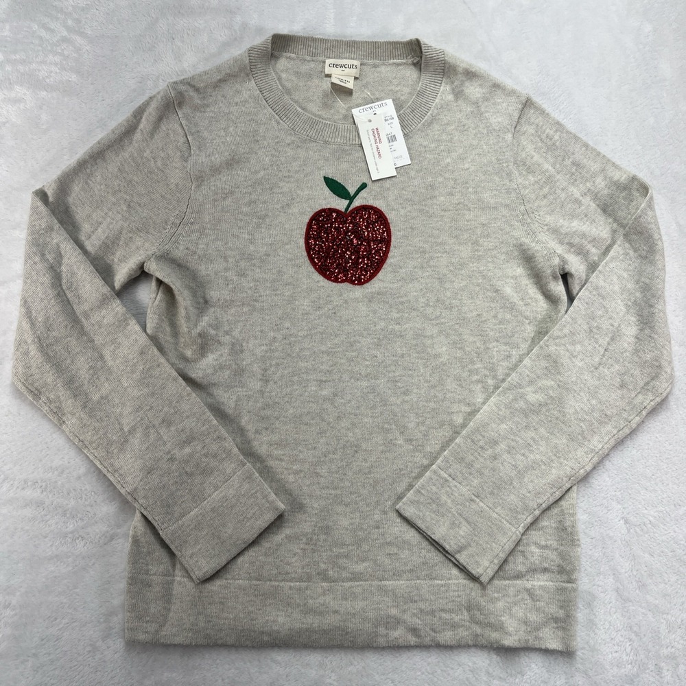 Crewcuts Pullover Sweater Girls Large 10-11 Sequin Apple Fall Cozy Cotton NEW